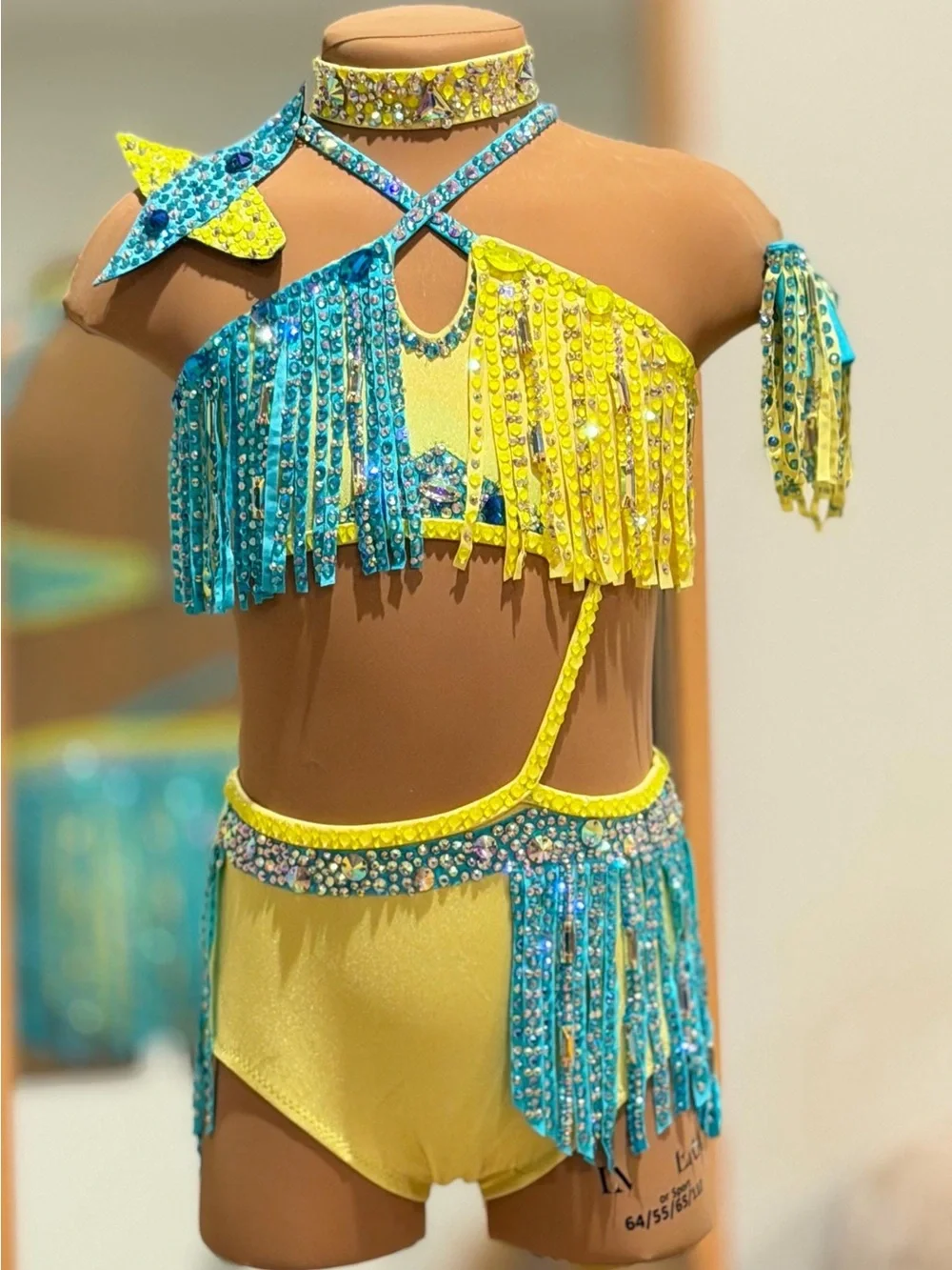 Yellow & Teal Fringe Dance Costume Two-Piece Set